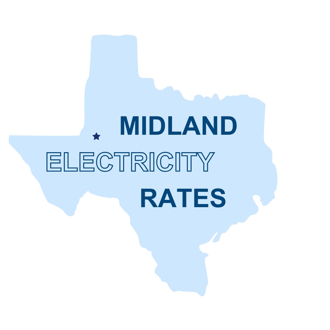 State of Texas outline in light blue with a star on Midland with headling text "Midland Electricity Rates"